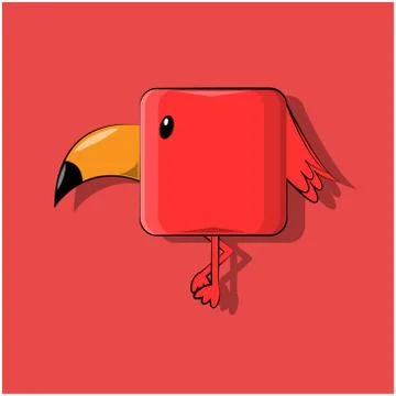 Vector illustration of a red cube-shaped kawaii bird standing with a sharp hu Stock Illustration