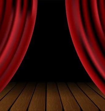 Vector illustration red drape darkness wood theatre stage Stock Illustration