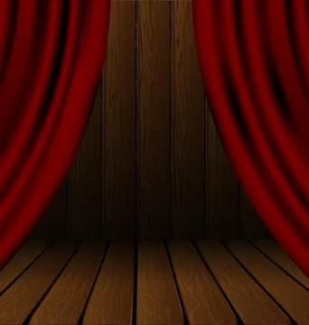 Vector illustration red drape darkness wood theatre stage and wall Stock Illustration