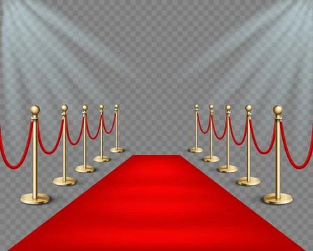 Vector illustration Red event carpet and golden barriers with lights projectors Stock Illustration