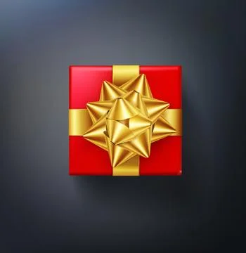 Vector illustration . Red gift box with gold bow isolated on a black backgrou Stock Illustration