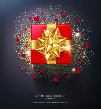 Vector illustration . Red gift box with gold bow isolated on black background Illustrazione stock