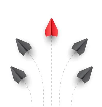 Vector illustration of a red paper plane leading a group of gray planes, sy.. Stock-Illustration