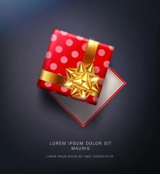 Vector  illustration. Red pea gift box with a gold bow. Isolated on a dark ba Illustrazione stock