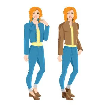 Vector illustration of redhead woman in blue jeans and jacket Stock Illustration