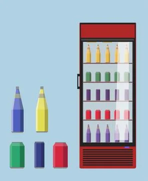 Vector illustration of refrigerator in set with cans and bottles. Stock-Illustration