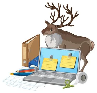 Vector Illustration of a Reindeer Standing Behind a Laptop and Office Supplie Illustrazione stock