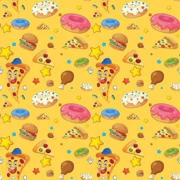 Vector illustration of repeating pizza slices, burgers, donuts, and stars in  Stock Illustration