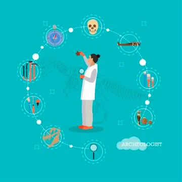 Vector illustration of researcher, archaeological tools and antiquities, flat Stock Illustration