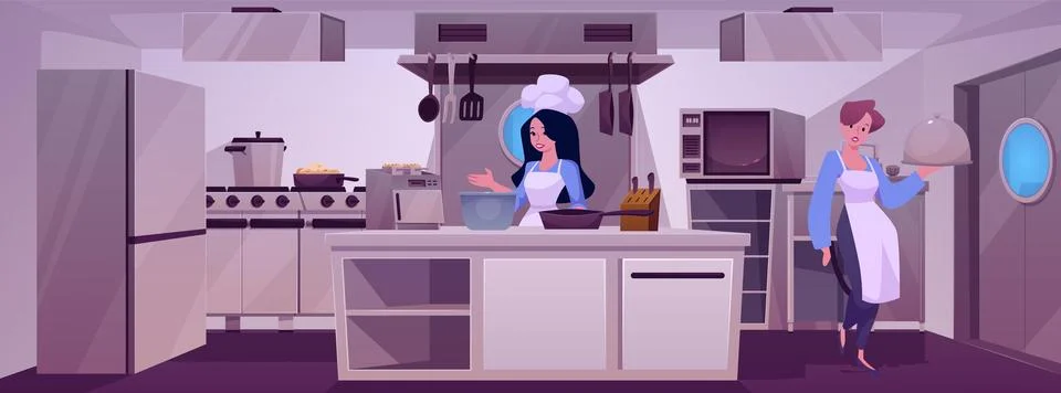 Vector illustration of restaurant kitchen with table, fridge, stove, microwave 스톡 일러스트