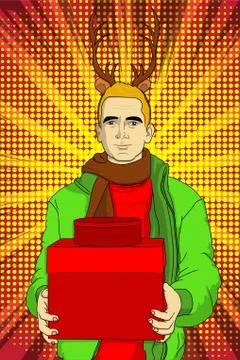 Vector illustration of a retro comic book man with gift boxes, wearing reinde Illustrazione stock