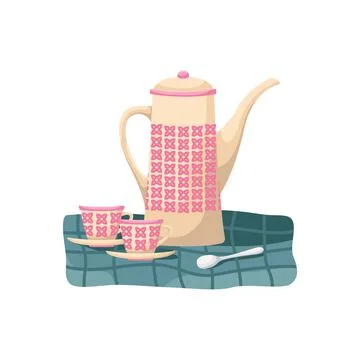 Vector illustration of a retro tea set. A teapot and two tea pairs on the blu Stock Illustration