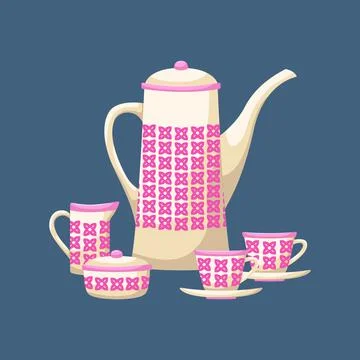 Vector illustration of a retro tea set. A teapot, a sugar bowl, a milk jug an Illustrazione stock