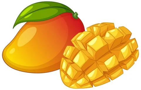 Vector Illustration of a Ripe Whole Mango and Cubed Sliced Mango Stock Illustration