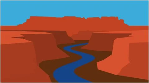 Vector illustration of a river flowing through a deep red canyon with landsca Stock Illustration