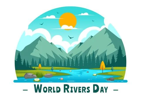 Vector Illustration of a River Landscape with Mountain Views, Green Fields,.. イラスト素材