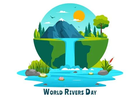Vector Illustration of a River Landscape with Mountain Views, Green Fields,.. イラスト素材