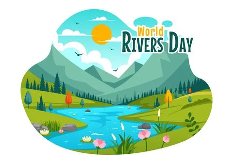 Vector Illustration of a River Landscape with Mountain Views, Green Fields,.. イラスト素材