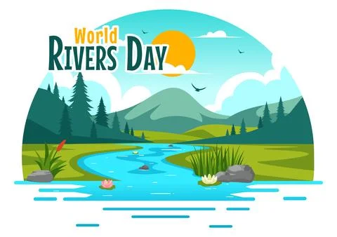 Vector Illustration of a River Landscape with Mountain Views, Green Fields,.. イラスト素材