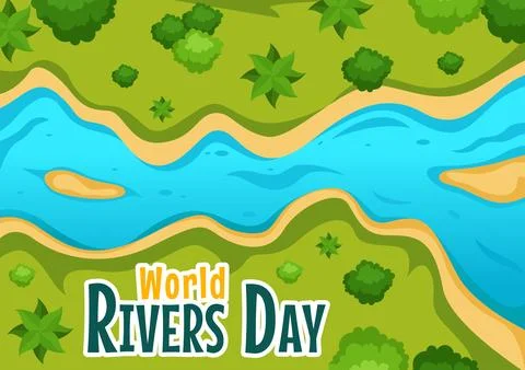 Vector Illustration of a River Landscape with Mountain Views, Green Fields,.. イラスト素材