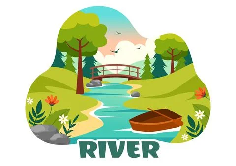 Vector Illustration of a River Landscape with Mountain Views, Green Fields,.. 스톡 일러스트