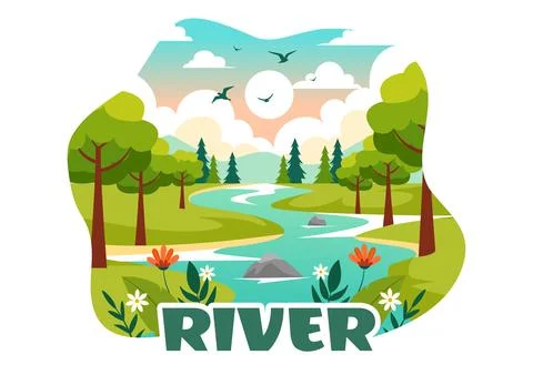 Vector Illustration of a River Landscape with Mountain Views, Green Fields,.. イラスト素材