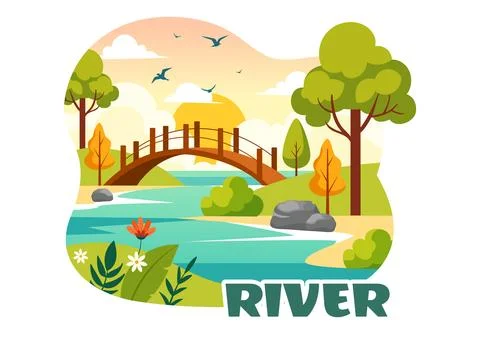Vector Illustration of a River Landscape with Mountain Views, Green Fields,.. イラスト素材