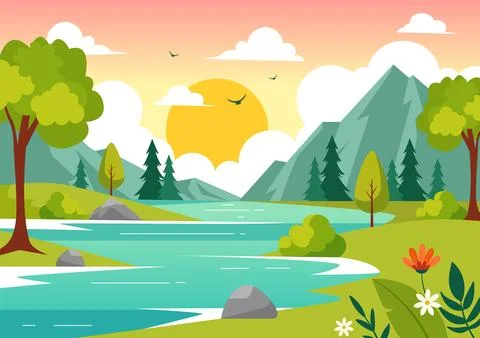 Vector Illustration of a River Landscape with Mountain Views, Green Fields,.. イラスト素材