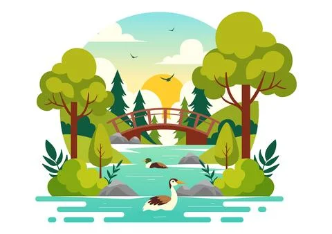 Vector Illustration of a River Landscape with Mountain Views, Green Fields,.. イラスト素材