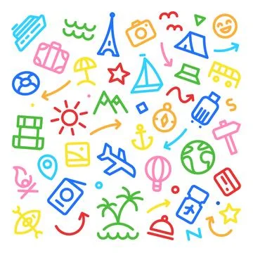 Vector illustration. Road Adventure. Line icons about travelling, tourism, .. Stock Illustration