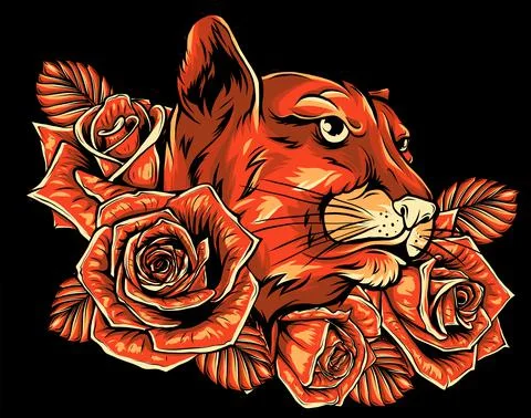 Vector illustration of roaring puma head and roses Stock-Illustration
