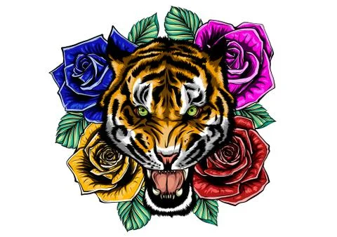 Vector illustration of roaring tiger head and roses tattoo Stockillustratie