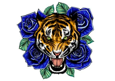 Vector illustration of roaring tiger head and roses tattoo Illustrazione stock