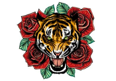 Vector illustration of roaring tiger head and roses tattoo Illustrazione stock