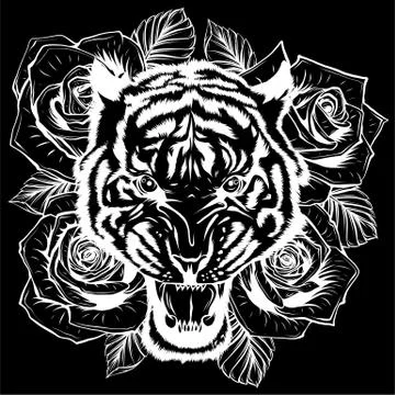 Vector illustration of roaring tiger head and roses in black background Illustrazione stock