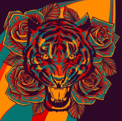 Vector illustration of roaring tiger head and roses Stock-Illustration