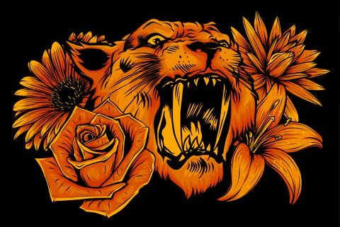 Vector illustration of roaring tiger head and flowers 스톡 일러스트