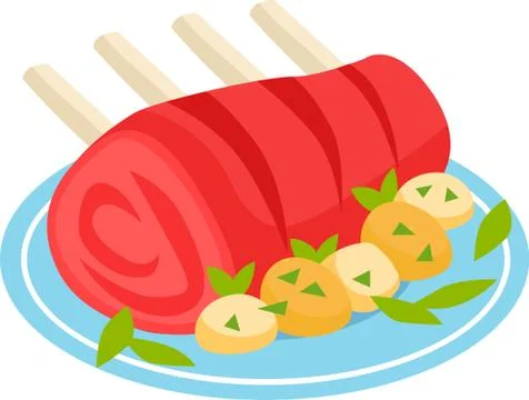 Vector illustration of roasted meat isolated. With potatoes and greens on plate. Stock Illustration