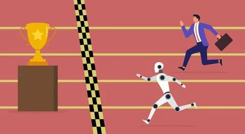 Vector illustration of a robot and businessman running toward a trophy Stock Illustration