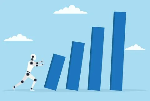 Vector illustration of a robot attempting to push and discard a bar graph Stock Illustration