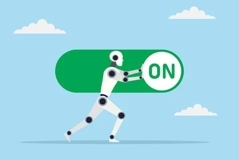 Vector illustration of a robot attempting to switch a button from OFF to ON Illustrazione stock