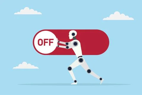 Vector illustration of a robot attempting to turn a switch from ON to OFF Stock Illustration