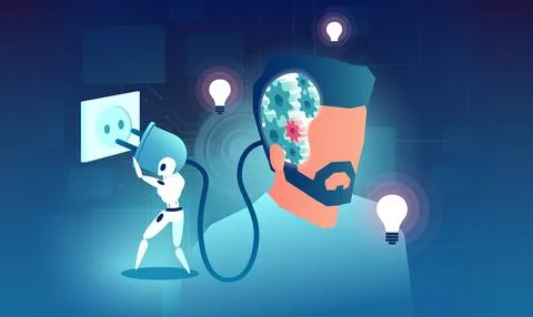 Vector illustration of a robot connecting a human head with a microchip imp.. Stock Illustration