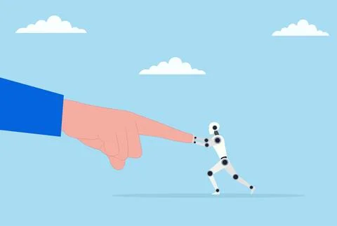 Vector illustration of a robot fighting against a giant hand Stock Illustration