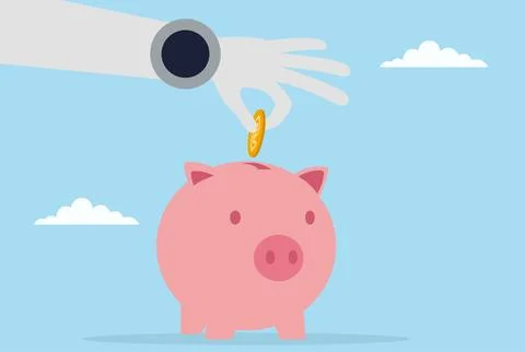 Vector illustration of a robot hand inserting a coin into a pink piggy bank Stock Illustration
