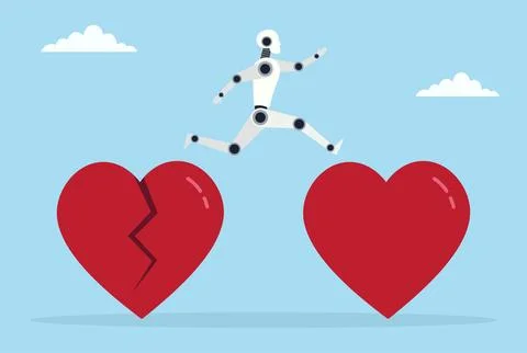 Vector illustration of a robot jumping from a broken love sign to a whole love Illustrazione stock