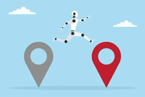 Vector illustration of a robot jumping from a dull location icon to a bright on Stock Illustration