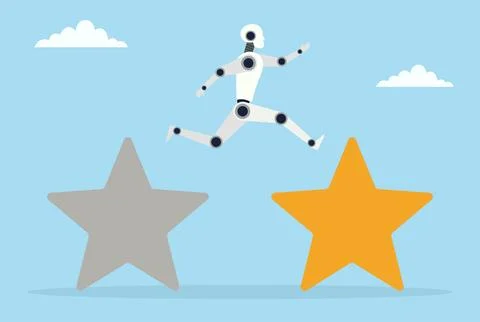 Vector illustration of a robot jumping from a dull star icon to a bright star Stock Illustration