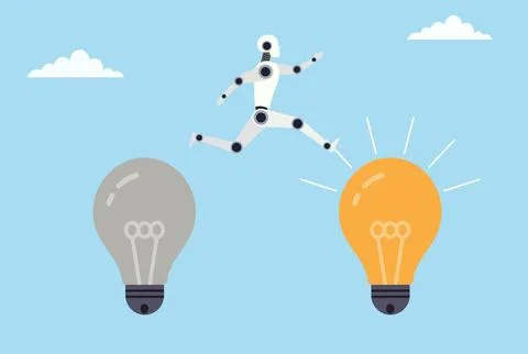 Vector illustration of a robot jumping from a dull bulb to a bright bulb Stock Illustration