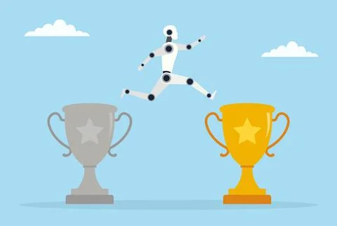 Vector illustration of a robot jumping from a dull trophy to a bright one Stock Illustration